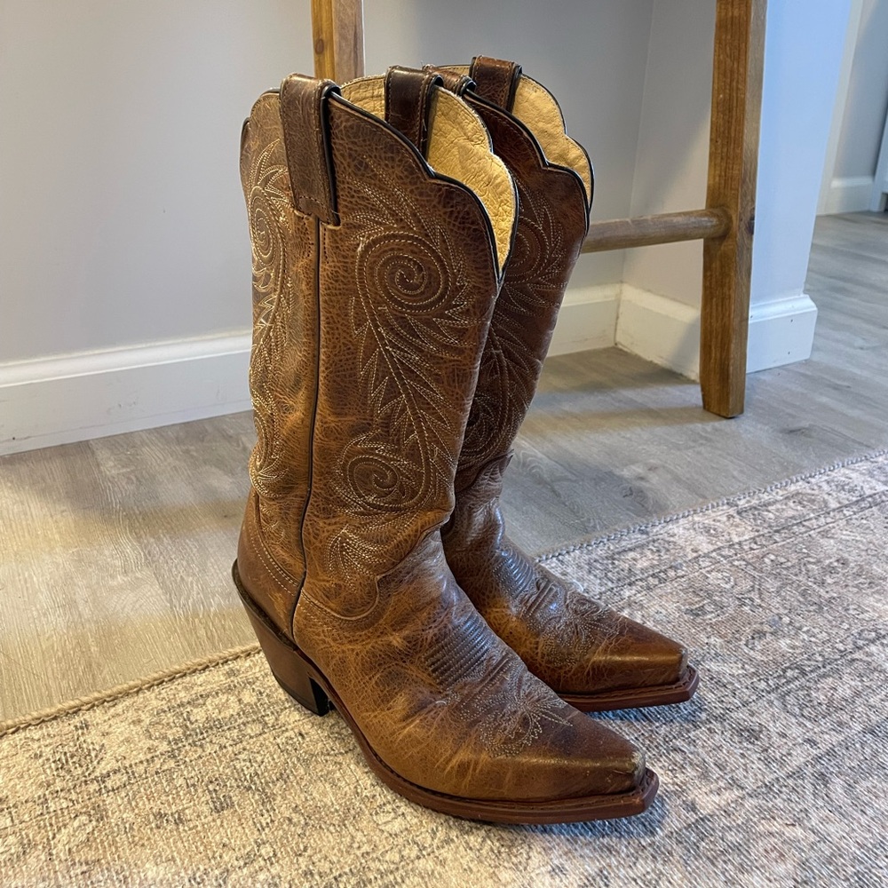Authentic Justin Boots Tan Leather Brown Western Cowgirl Boots